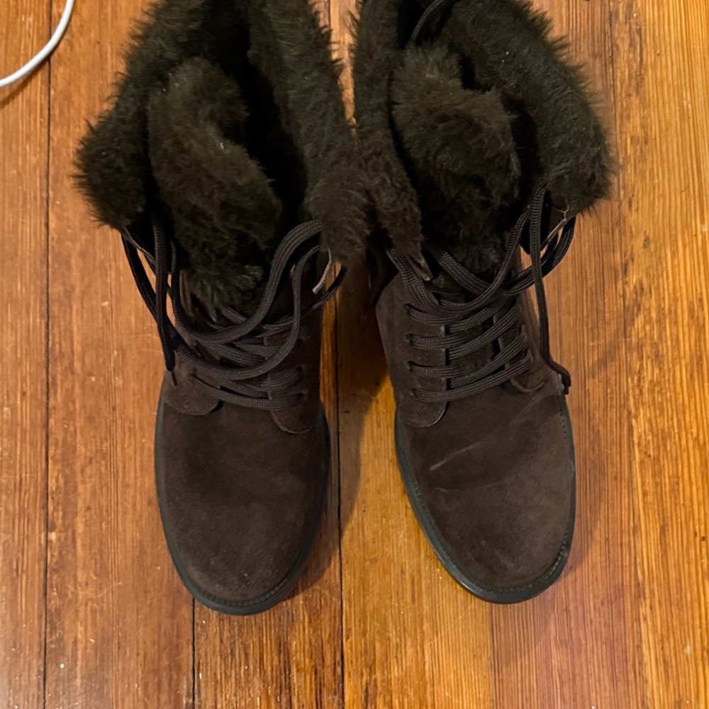 Aquatalia Dark Brown Suede Lace-Up Faux-Fur Trim Boots